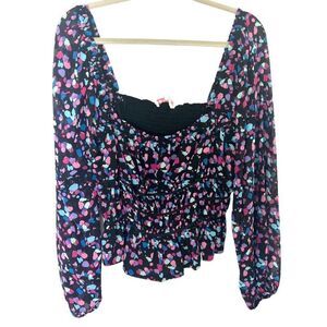 LeyDen Long Sleeve Off the Shoulder Ruffle Shirred Crop Top in Kaleidscope